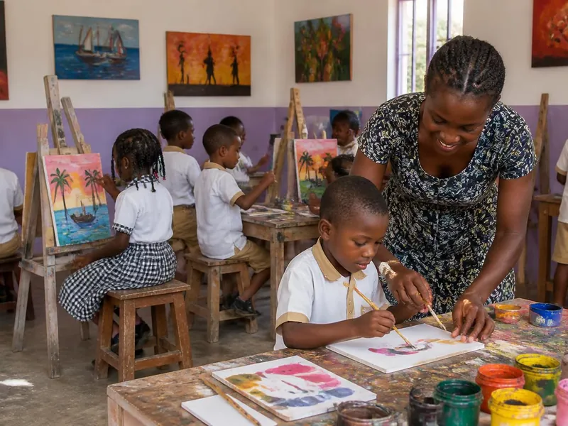 Élèves en uniforme qui peignent à l'atelier d'arts plastiques