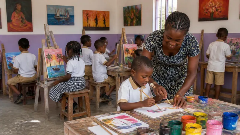 Élèves en uniforme qui peignent à l'atelier d'arts plastiques