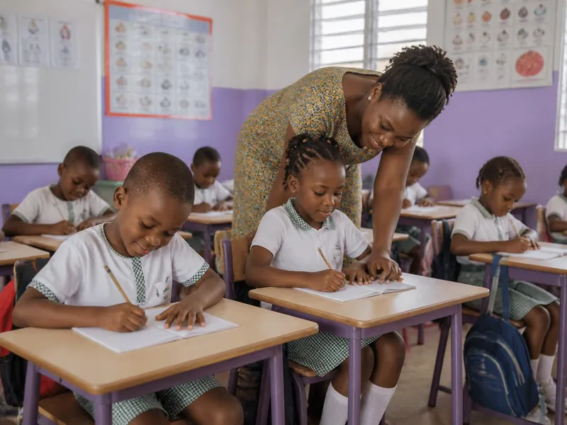 Élèves de primaire en uniforme levant la main dans leur classe, devant leur enseignante