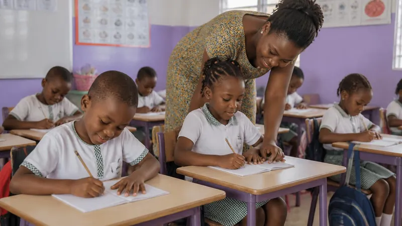 Élèves de primaire en uniforme levant la main dans leur classe, devant leur enseignante
