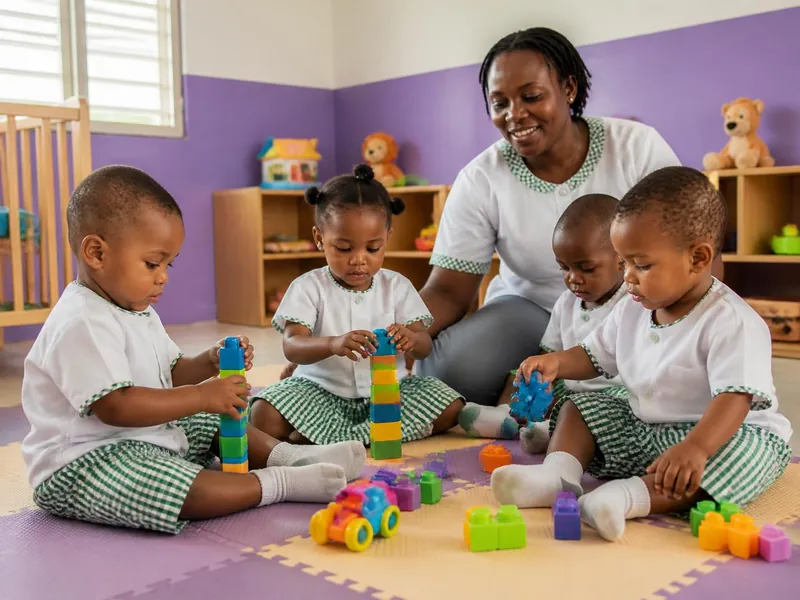 Tout-petits en uniforme qui jouent avec leur éducatrice à la garderie