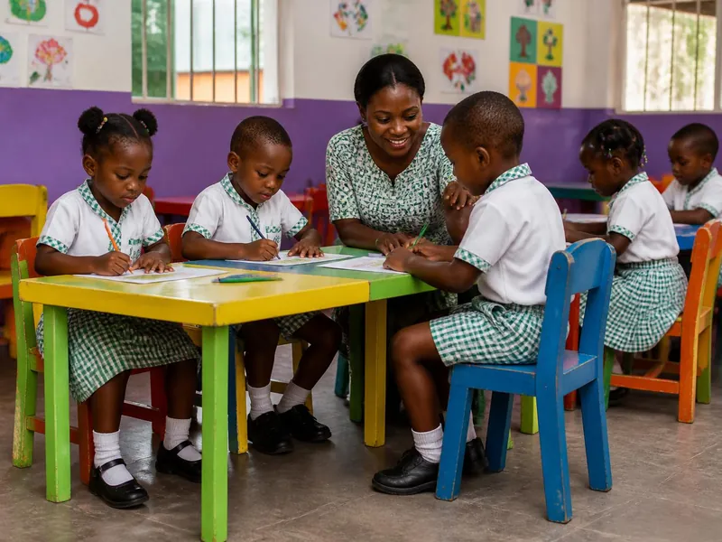 Élèves de Petite Section en uniforme qui dessinent autour d'une table avec leur enseignante
