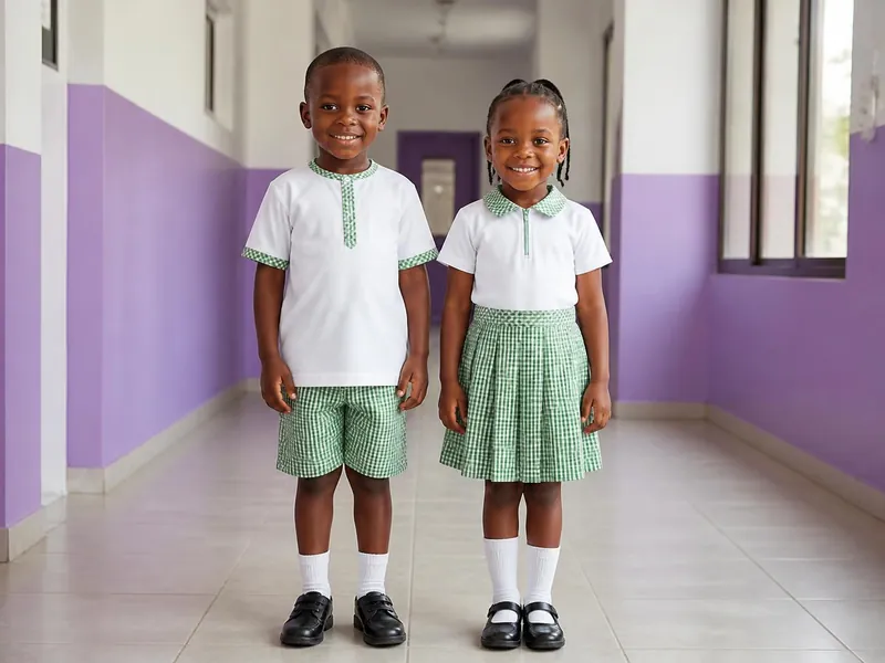 Un garçon et une fille de maternelle en uniforme blanc et vert à carreaux
