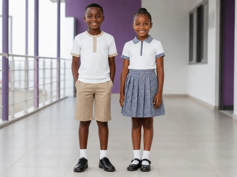 Un garçon en uniforme blanc et kaki et une fille en uniforme blanc et bleu à carreaux